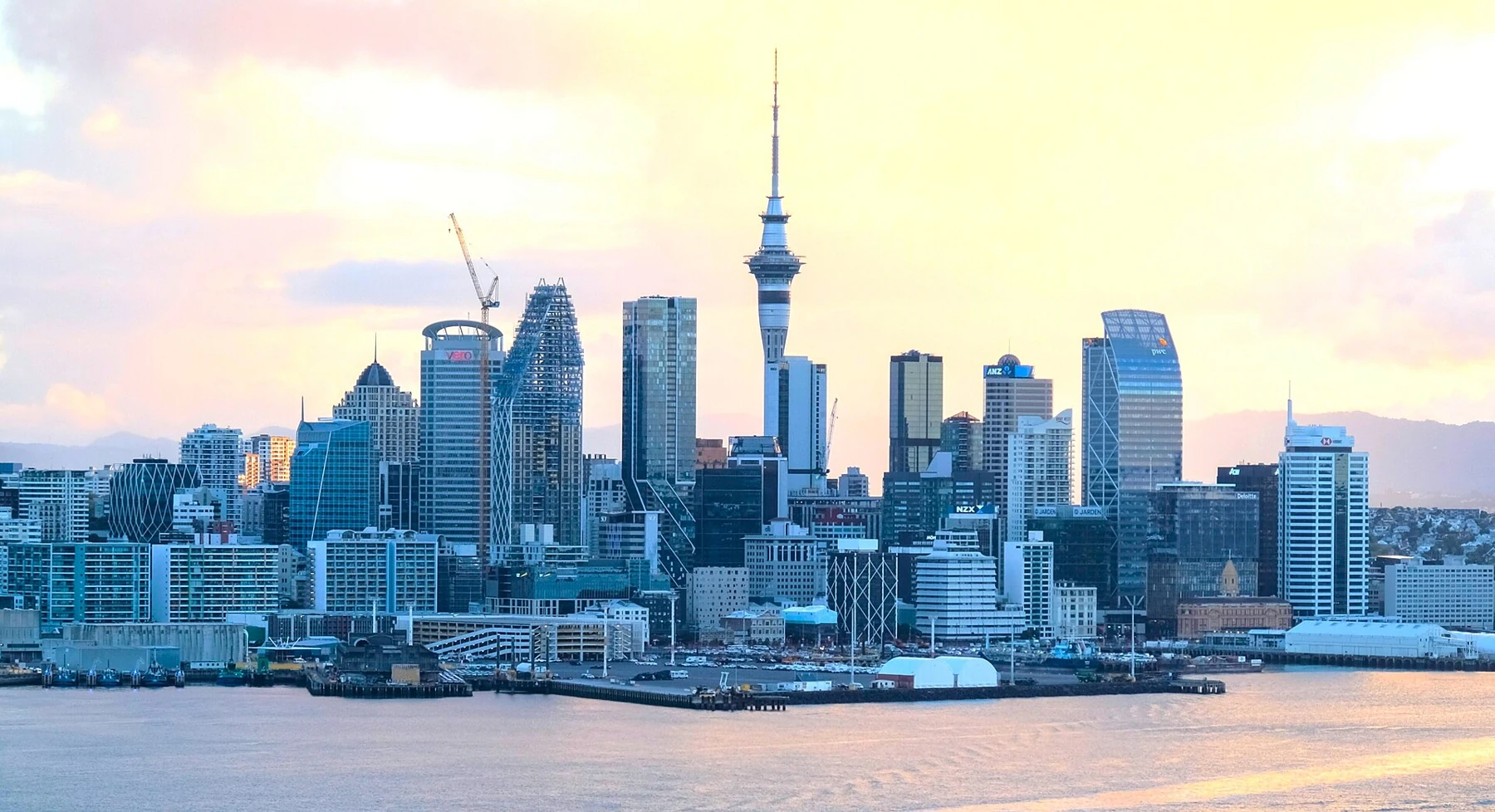 Auckland waterfront skyline and Sky Tower in Auckland