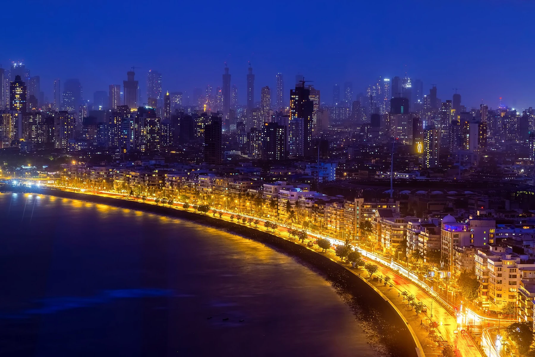 Marine Drive and Mumbai skyline at night in Mumbai