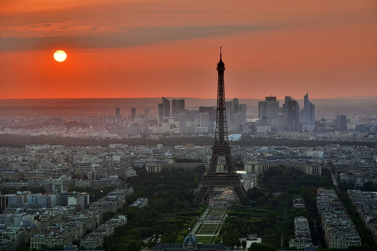 Eiffel Tower and Paris skyline at sunset in Paris