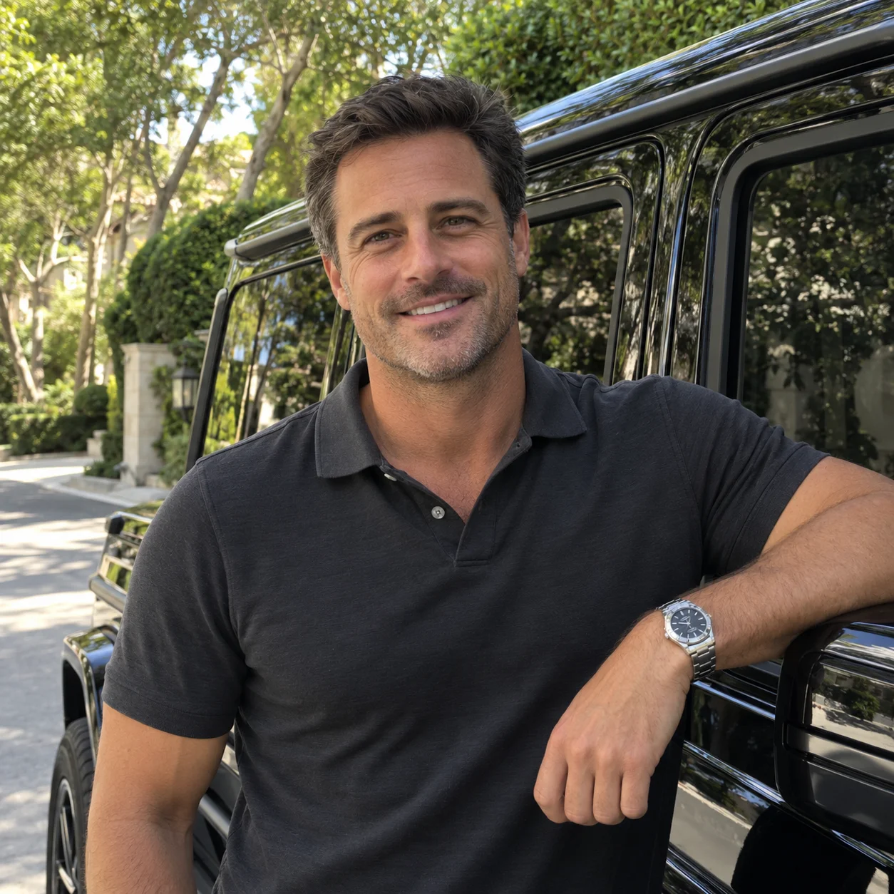 Fictional client beside a G-Wagon