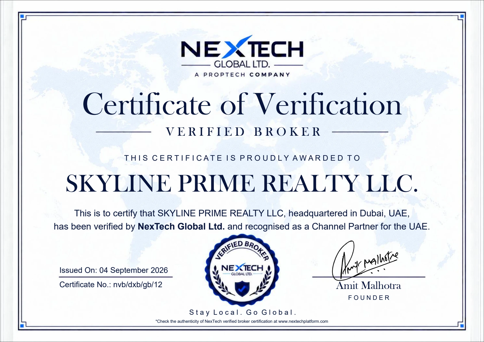 NexTech Certificate of Verification issued to Skyline Prime Realty LLC, 4 September 2026, certificate nvb/dxb/gb/12
